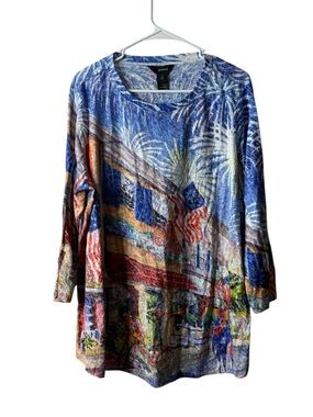Ali Miles Blue City USA Patterned Lagenlook 3/4 Sleeve Blouse